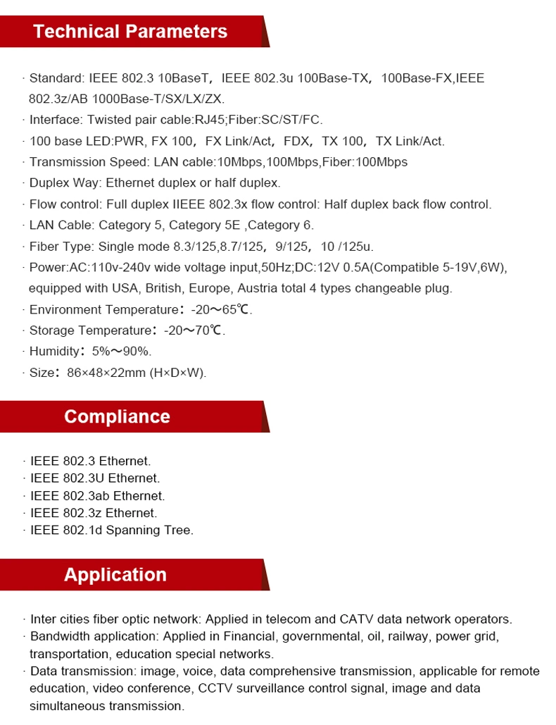 Fiber Optical Cable Plant Supply Mini Media Converter